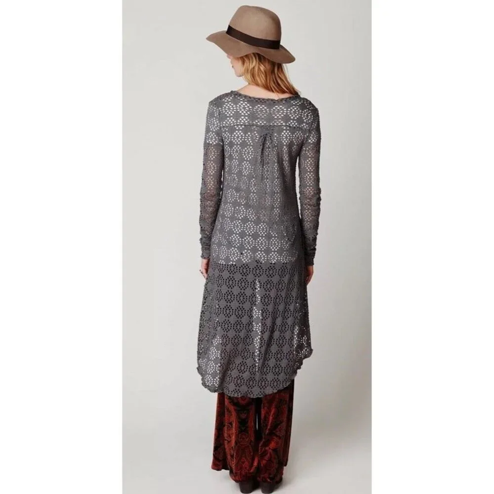 Vintage Free People Beach Gray Crochet Button Front Maxi Cardigan - Picture 7 of 16